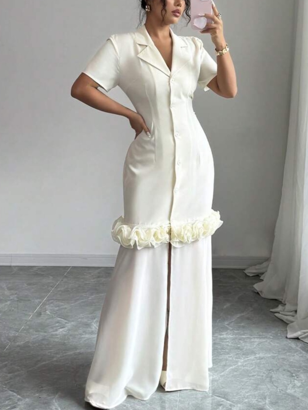 Ivory Button-Front Maxi Dress with Rosette Trim - Picture 3 of 4